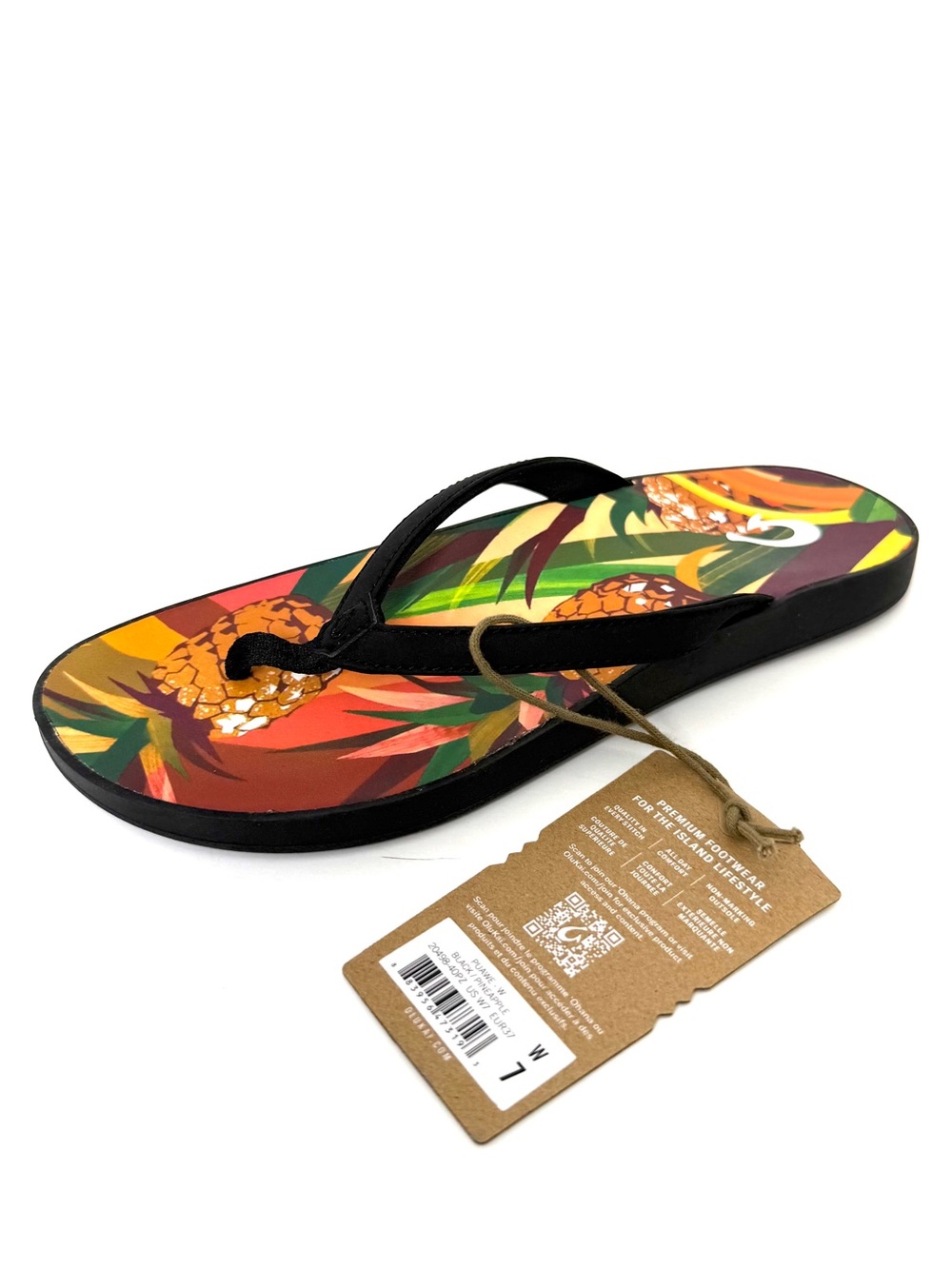 NEW OluKai Puawe Women’s Flip Flops Comfort Sandals Black/Pineapple Size 7